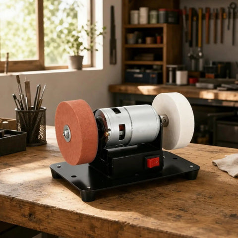 Damn Near Perfect Compact Workbench Featuring Ball Bearing Rollers Designed For Desktop Grinding Machines And Serious Home Repair Shops Built To Crush Heavy Tasks Reliably on a wooden surface with a red and white disc.