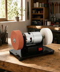 Kickass Twin Wheel Bench And Precision Sharpening Table Featuring Heavy Duty Steel Frame For Real World Projects And Dependable Motor Housing For Any Serious Shop Setup on wooden workbench.