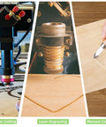 Baltic Birch plywood sheets, 16x12x1/16 in unfinished; collage showing laser cutting, laser engraving, and manual carving.