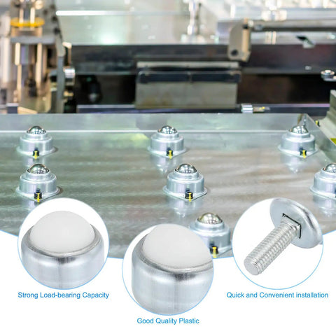 Pack Of Four 1 Inch Nylon Roller Ball Transfer Bearings With Durable Carbon Steel Caster Wheels For Smooth Conveyor Transport And Lightweight Furniture Mobility Easy Installation shown mounted on a metal surface.