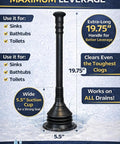 Heavy Duty Accordion Plunger That Nukes Stubborn Blockages Fast In Toilets Sinks Tubs And Showers With A Rock Solid Airtight Seal For Quick Drain Clearing Zero Mess Included Matte Black, 19.75 inch long with 5.5 inch suction cup.