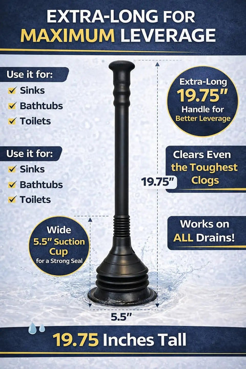 Heavy Duty Accordion Plunger That Nukes Stubborn Blockages Fast In Toilets Sinks Tubs And Showers With A Rock Solid Airtight Seal For Quick Drain Clearing Zero Mess Included Matte Black, 19.75 inch long with 5.5 inch suction cup.