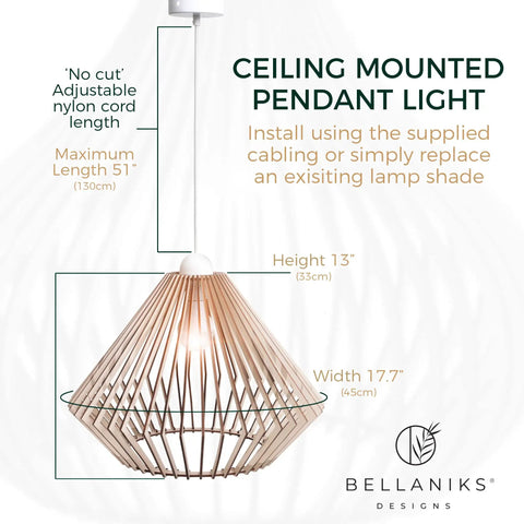 Wood Pendant Light With Adjustable Nylon Cord Modern Boho Ceiling Chandelier Basswood Frame And Oak Finish Easy Install
