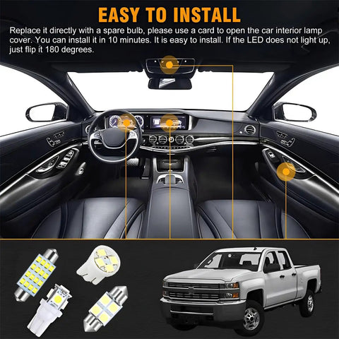 42 Piece Car Interior LED Light Kit 194 LED Bulbs DE3175 T10 31mm 41mm Dome Map Door Tail Light License Plate Universal Fit For Most Vehicles Easy Install showing cabin lighting and installation guide.