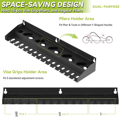 Vise Grip Holder Wall Mount Pliers Organizer Rack with three slot sizes, fits 15 vise grips or 11 pliers, wall mounted for garage use.