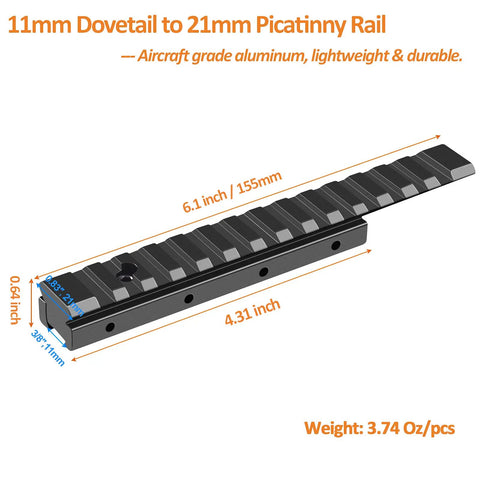 11mm Dovetail to 21mm Picatinny Rail Convert Adapter for Scope Mounts, 6.1 Inch Long Low Profile Extension, 155mm Length, Base Mount Fits 3/8 to 7/8 Inch, 14 Slot Rail Converter, One Pack, showing dimensions and weight