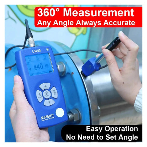Heavy Duty Handheld Digital Metal Hardness Tester With Dual Coil Design And Wireless Print Capabilities For Steel Or Aluminum Alloy Straight Up Precision Testing in use measuring steel.