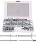 140pc Aluminum Blind Rivet Kit With Open End Pop Rivets Smooth Dome Heads Long Grip Fasteners in plastic case