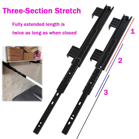Heavy Duty Ball Bearing Drawer Slides For Cabinets And Keyboard Trays In 240mm Or 290mm Closed Length That Extend To 480mm Or 578mm, black steel slides shown extended