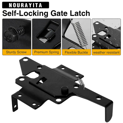 Self Closing Gate Hinge And Latch Kit For Wooden And Vinyl Fence Gates, Easy Install, Durable Weatherproof Self Locking Gate Latch, Fits Outdoor Fences Like Pool Gates And Barn Doors, Smooth Quiet Operation, black metal latch close-up