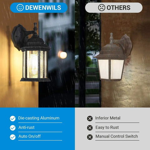 Dusk To Dawn Outdoor Wall Lantern 2 Pack Matte Black Weatherproof Exterior Light Fixture Sconce comparison image in rain.