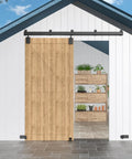 Heavy Duty Exterior Barn Door Hardware Kit For Outdoor Use, Box Rail Sliding Track System, Weatherproof Black Finish, installed on a shed