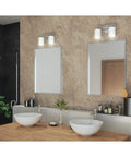 Two Light Vanity Light With Etched White Glass Modern Bath Fixture In Polished Nickel Finish above double sinks in bathroom
