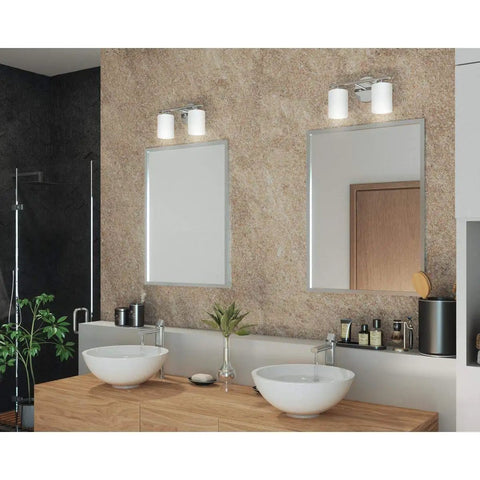 Two Light Vanity Light With Etched White Glass Modern Bath Fixture In Polished Nickel Finish above double sinks in bathroom
