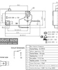 Heavy Duty 16 Amp Black Micro Switches Four Pack SPST NO Pin Plunger dimensions diagram with electrical specifications and circuit schematic.