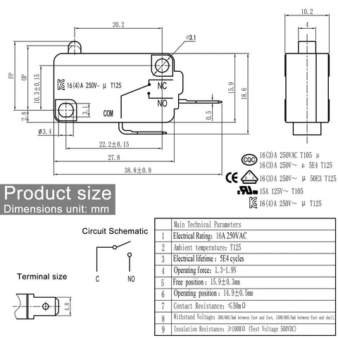 Heavy Duty 16 Amp Black Micro Switches Four Pack SPST NO Pin Plunger dimensions diagram with electrical specifications and circuit schematic.