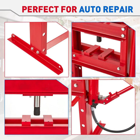 10 Ton Hydraulic Shop Press With Pressure Gauge And Plate, Pro Grade H-Frame Benchtop Press With Height Adjustable Working Table For Auto Repair, Metalworking, And Manufacturing, Red shown in detailed views