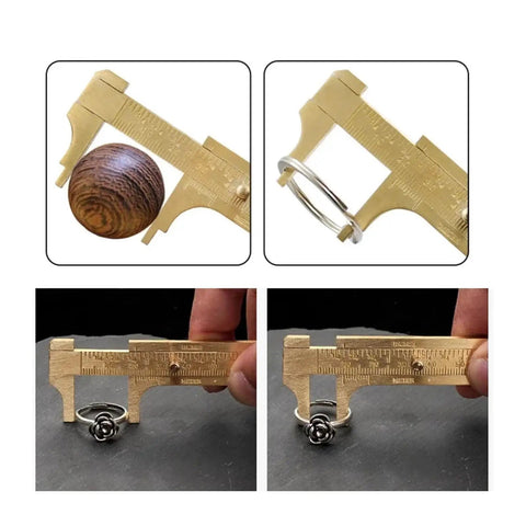 Solid Brass Digital Caliper High-Precision Mini Tool Crafts Jewelry measuring wooden ball and silver ring.