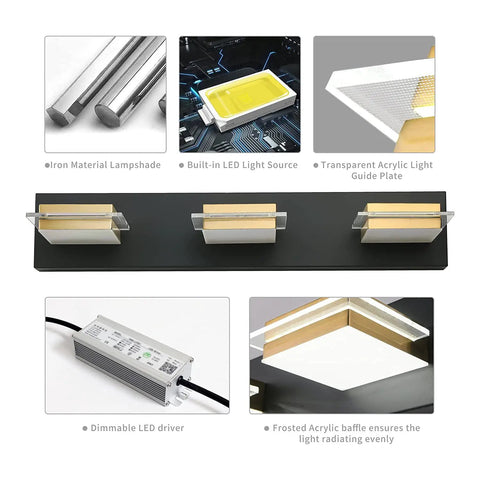 Diagram of Black 4 Light Vanity LED Bathroom Light Fixture For Modern Homes with materials and components details.