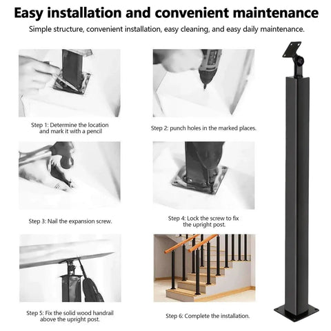 Installation steps for Top Notch Matte Black Stair Railing Post Featuring Holeless Build And 270 Degree Adjustable Angles.