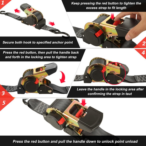 Step-by-step guide using 2 Pack 2 Inch Auto Retractable Ratchet Straps With S Hooks, Heavy Duty 15ft Self Retracting Tie Down Straps, 3310 Lbs Break Strength.
