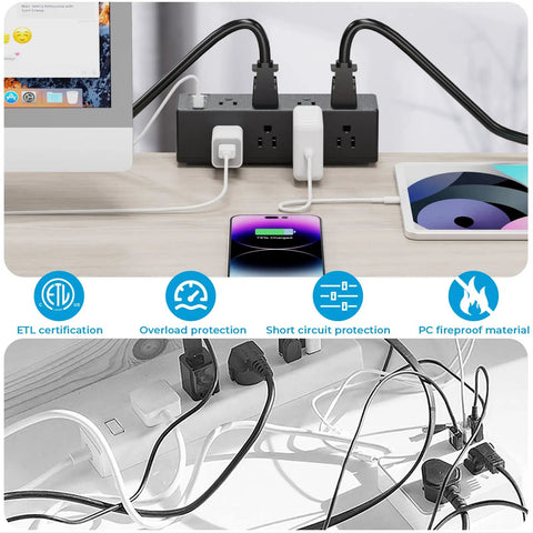 Edge Mount Desk Clamp Power Strip With Eight AC Outlets Plus Two USB A Ports And One USB C 18W Fast Charge in office setup