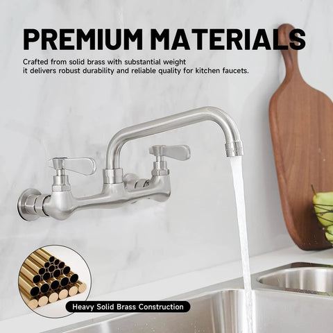 Wall Mount Kitchen Faucet For Utility Sink With 8 Inch Swivel Gooseneck Spout 8 Inch Center 2 Handle Pro Grade Heavy Duty