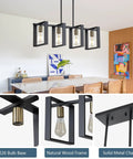 Four Light Wood Chandelier With Black Wood Frame And Gold E26 Socket Industrial Rectangle Linear Pendant Light for kitchen island.
