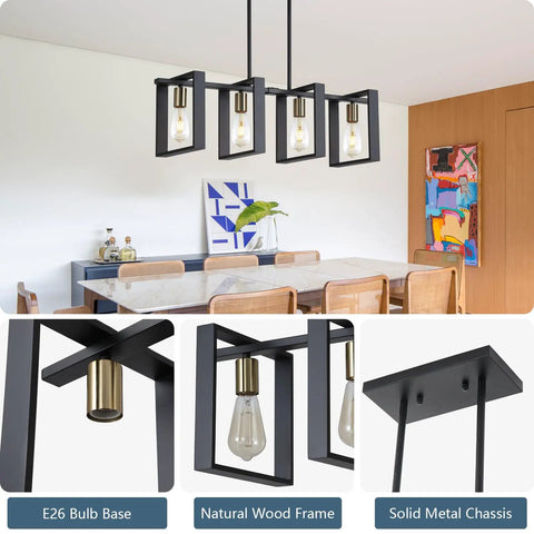 Four Light Wood Chandelier With Black Wood Frame And Gold E26 Socket Industrial Rectangle Linear Pendant Light for kitchen island.