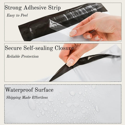 200 Pack Poly Mailers With Four Assorted Sizes showing adhesive strip, self-sealing closure, and waterproof surface