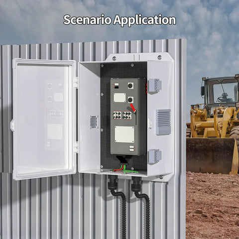 Rugged Outdoor Electrical Junction Box With Waterproof ABS Enclosure, installed on metal wall with open hinged cover, showcasing internal mounting panel.