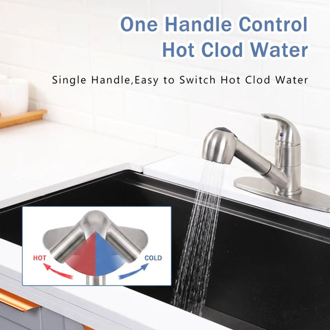 Solid Build Kitchen Faucet With Pull Out Sprayer Lead Free Stainless Steel Sink Mixer Featuring Ceramic Drip Free Cartridge and single handle control for hot and cold water.