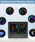 WiFi Weather Station With Rain Gauge And Moon Phase Indoor Outdoor Thermometer And Humidity Wind Speed And Direction Barometric Pressure Alarm Clock Real Time Home Weather Monitoring display showing temperature, humidity, moon phase, and more
