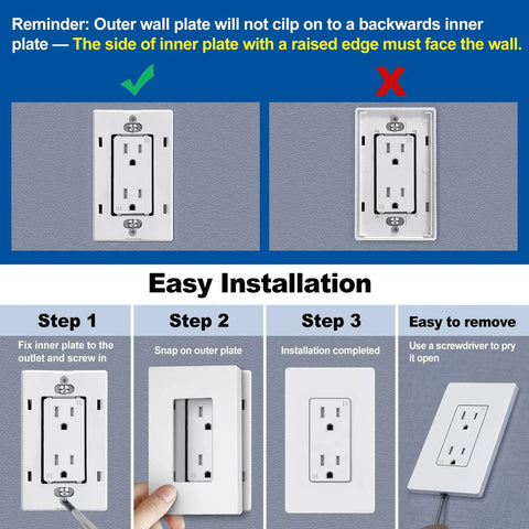 Steps for installing Matte White Screwless Wall Plates 8 Pack 1 Gang Outlet Covers with easy installation and removal instructions.