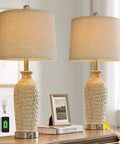 Two USB Touch Dimmable Ceramic Table Lamps Set Of 2 For Living Room Or Bedroom, 3-Way Brightness With Tap Control on table