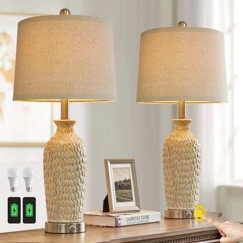 Two USB Touch Dimmable Ceramic Table Lamps Set Of 2 For Living Room Or Bedroom, 3-Way Brightness With Tap Control on table