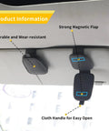 Slick Magnetic Leather Sunglasses Holder For Car Visor Clip With Heavy Duty Snap showing strong magnetic flap and cloth handle.