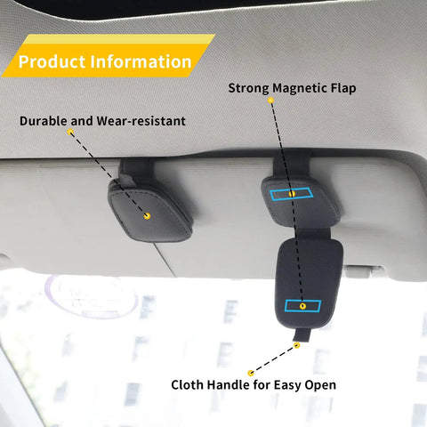 Slick Magnetic Leather Sunglasses Holder For Car Visor Clip With Heavy Duty Snap showing strong magnetic flap and cloth handle.