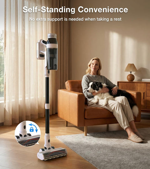 Cordless Vacuum Cleaner With 55 Minutes Runtime 15 In 1 Self Standing Stick Vacuum in living room with woman and dog