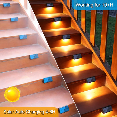 Solar Fence Post Lights 6 Pack illuminating outdoor wooden stairs at night with warm white light, waterproof solar powered LED lights