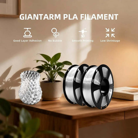 Two spools of Crystal Clear PLA Filament 1.75Mm 1Kg on a table next to a printed vase, featuring smooth printing and low shrinkage.