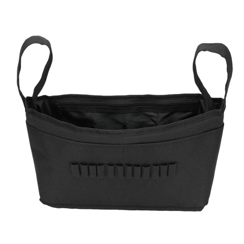 Front view of Golf Push Cart Accessory Bag With 12 Pockets, showing black Oxford cloth, handles, and multiple pocket design.