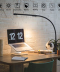 Flexible Gooseneck Swing Arm Desk Lamp With 12W Eye Care LEDs on home office desk with laptop and books