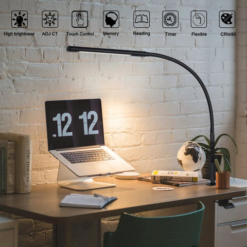 Flexible Gooseneck Swing Arm Desk Lamp With 12W Eye Care LEDs on home office desk with laptop and books
