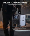 Person carrying the 180 Amp All In One MIG Welder With Dual Voltage 110V 220V For Gas And Gasless Flux Core Welds Lift TIG Stick And Spool Gun 5 In 1 Portable Welding Machine With 2T 4T Modes For DIYers Beginners And Pros.