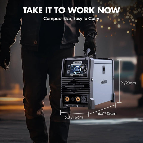 Person carrying the 180 Amp All In One MIG Welder With Dual Voltage 110V 220V For Gas And Gasless Flux Core Welds Lift TIG Stick And Spool Gun 5 In 1 Portable Welding Machine With 2T 4T Modes For DIYers Beginners And Pros.