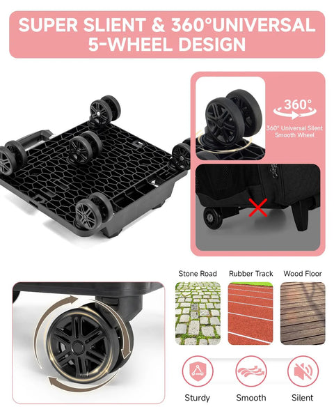Rolling Teacher Tote Bag With Five Wheels And Detachable Trolley showing silent and smooth wheel design.