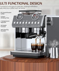 Badass Espresso Machine With Integrated Grinder And Twenty Bar Pressure For Smooth Morning Sips Featuring Thirty Precision Grind Levels Five Eight Millimeter Portafilter And Pro Steam Wand For Creamy Lattes In Sleek Iron Grey with hot espresso brewing.