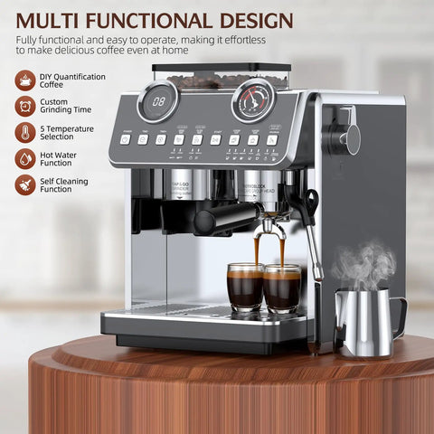 Badass Espresso Machine With Integrated Grinder And Twenty Bar Pressure For Smooth Morning Sips Featuring Thirty Precision Grind Levels Five Eight Millimeter Portafilter And Pro Steam Wand For Creamy Lattes In Sleek Iron Grey with hot espresso brewing.