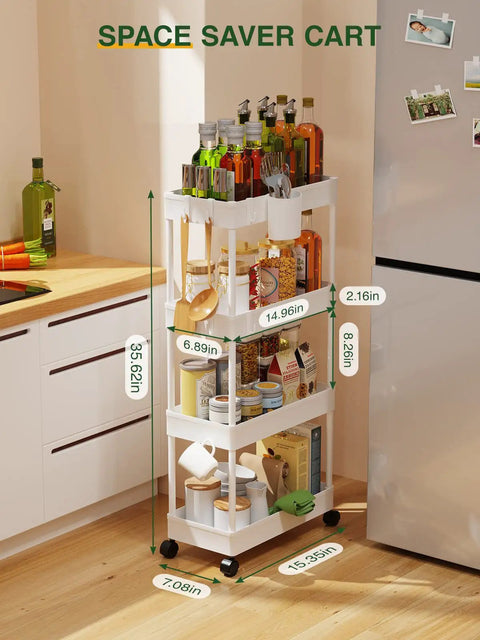 Slim Rolling Storage Cart Four Tiers For Narrow Spaces Mobile Bathroom And Kitchen Organizer With Slide Out Shelves